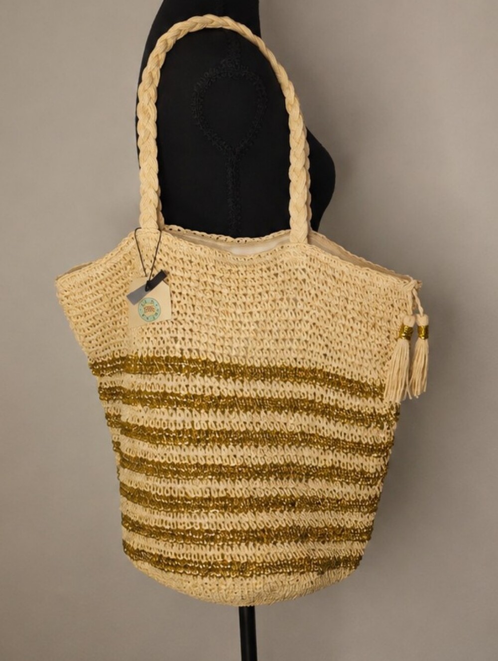 Cream Straw Tote with Gold Stripe Accent